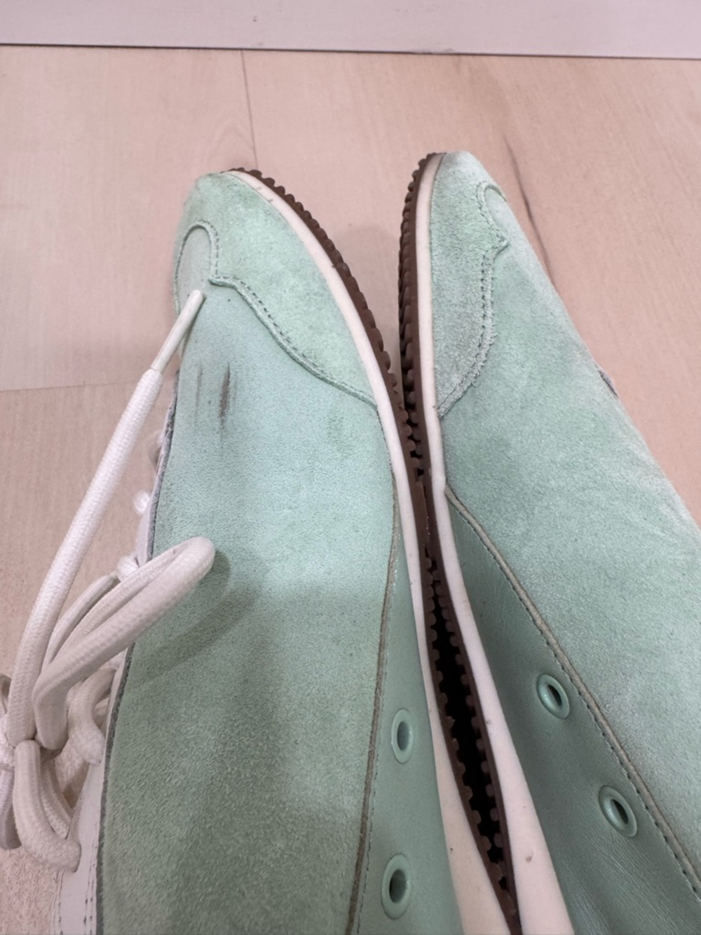 Tory Burch Mint Green White Suede Leather Logo Sneakers Women's 9.5 - Picture 14 of 15